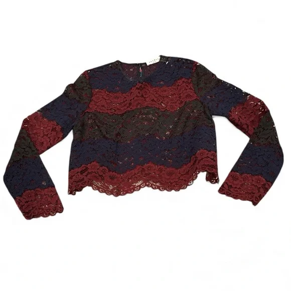 Sandro Red Blue Lace 2 Piece Long Sleeve Lined Pencil MIDI Skirt Set Size 3 US 8 - Picture 4 of 11